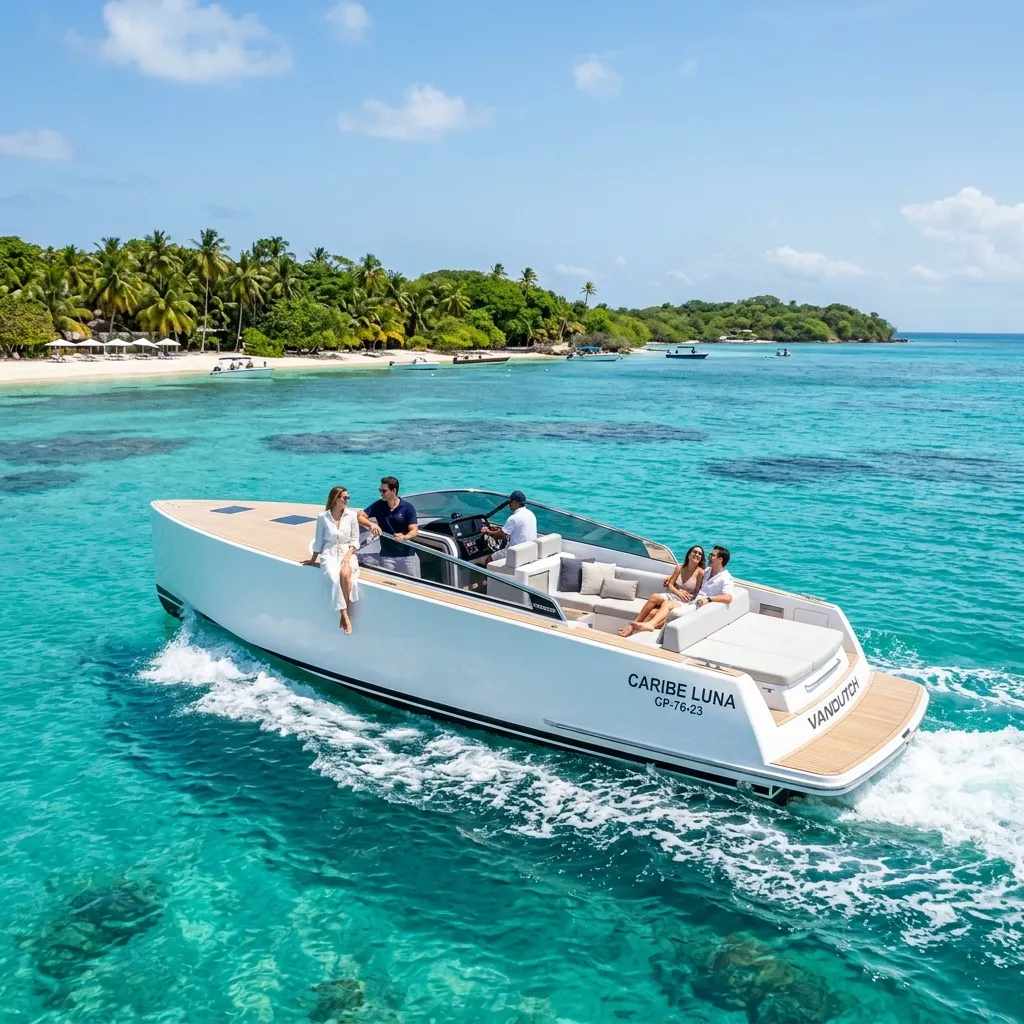 Lancha rápida premium navegando las aguas turquesas de las Islas del Rosario en Cartagena de Indias, experiencia VIP de Threads Travel