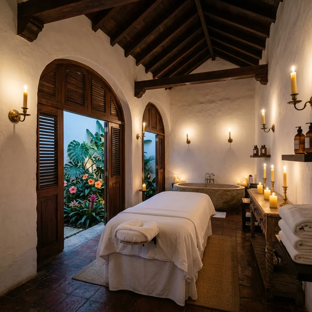 Ambiente de spa de lujo colonial en Cartagena de Indias para el ritual wellness DTOX Elite de Threads Travel